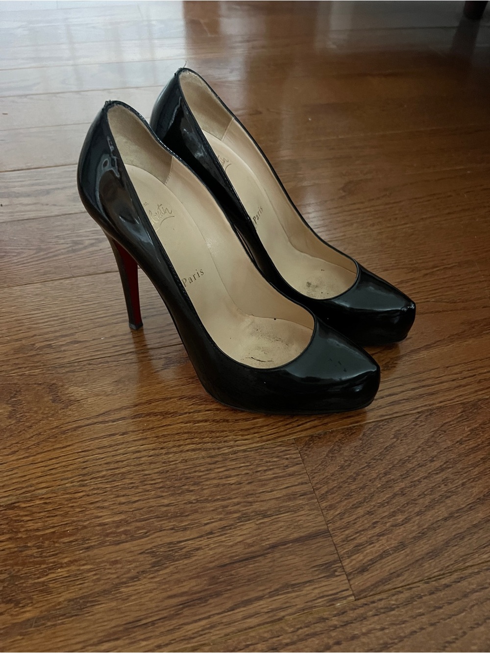 Christian Louboutin Black Patent Leather Red Sole Platform Pumps